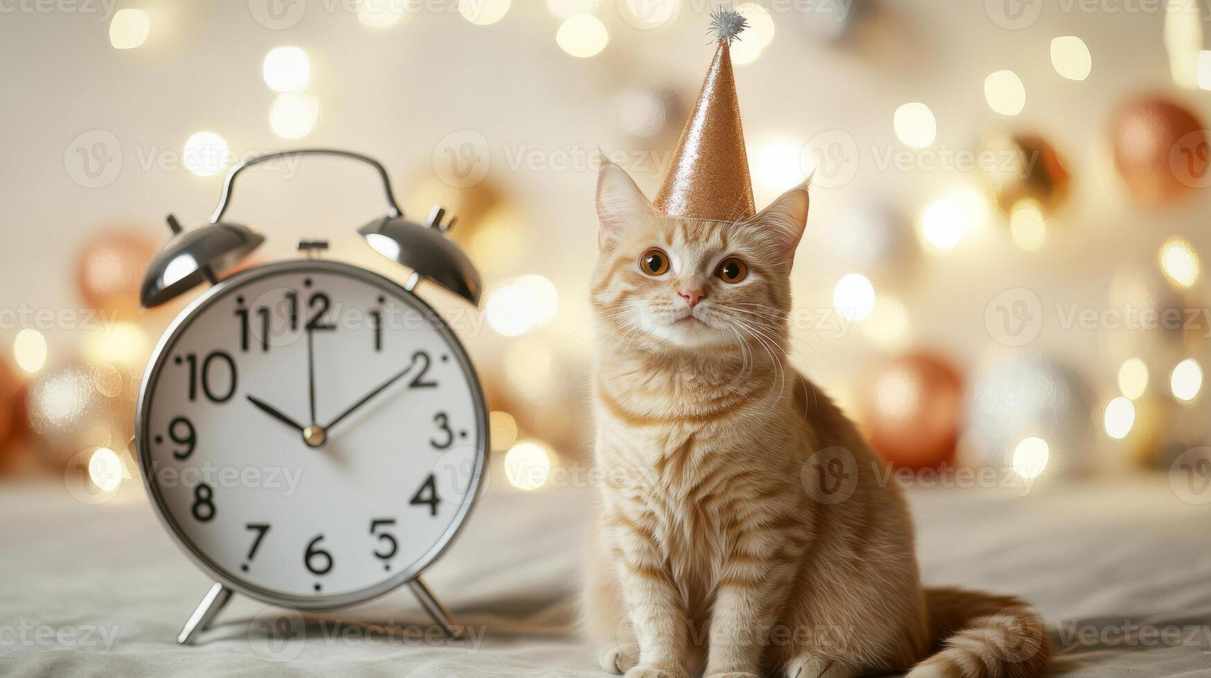 Countdown to midnight with a cute cat, festive decorations and charm. Christmas, New Year's Eve photo