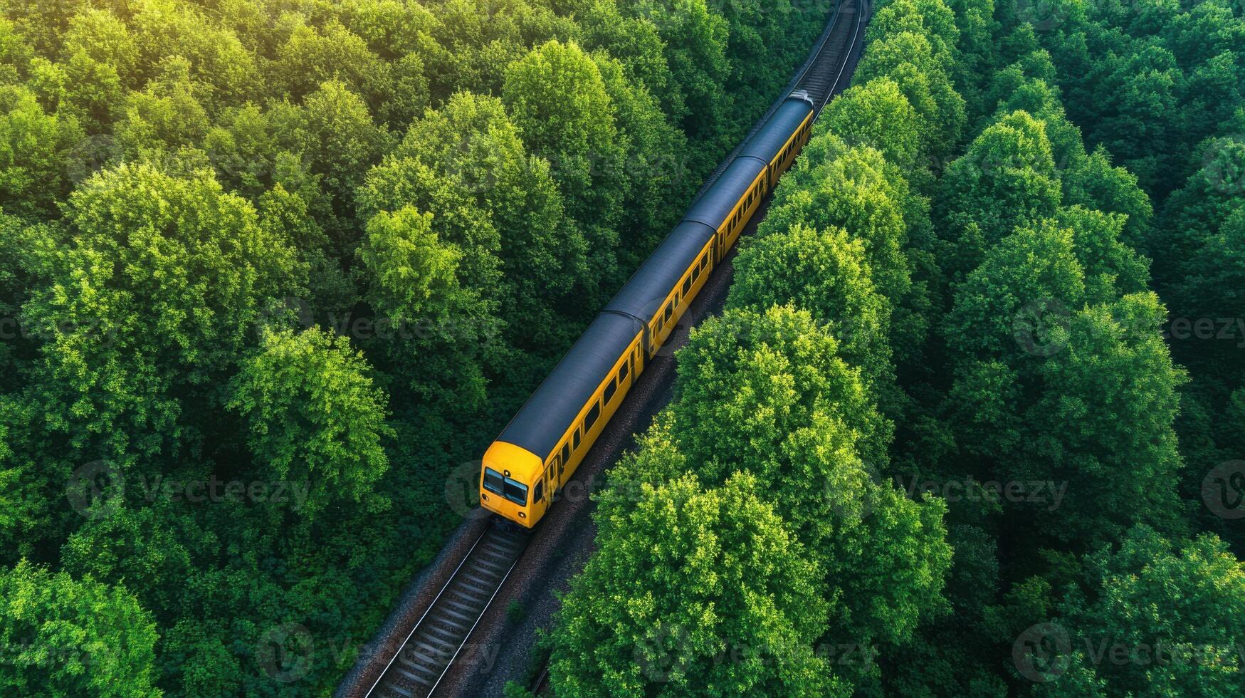 Train in green canopy, peaceful and secluded aerial perspective. Aerial view train passing through photo