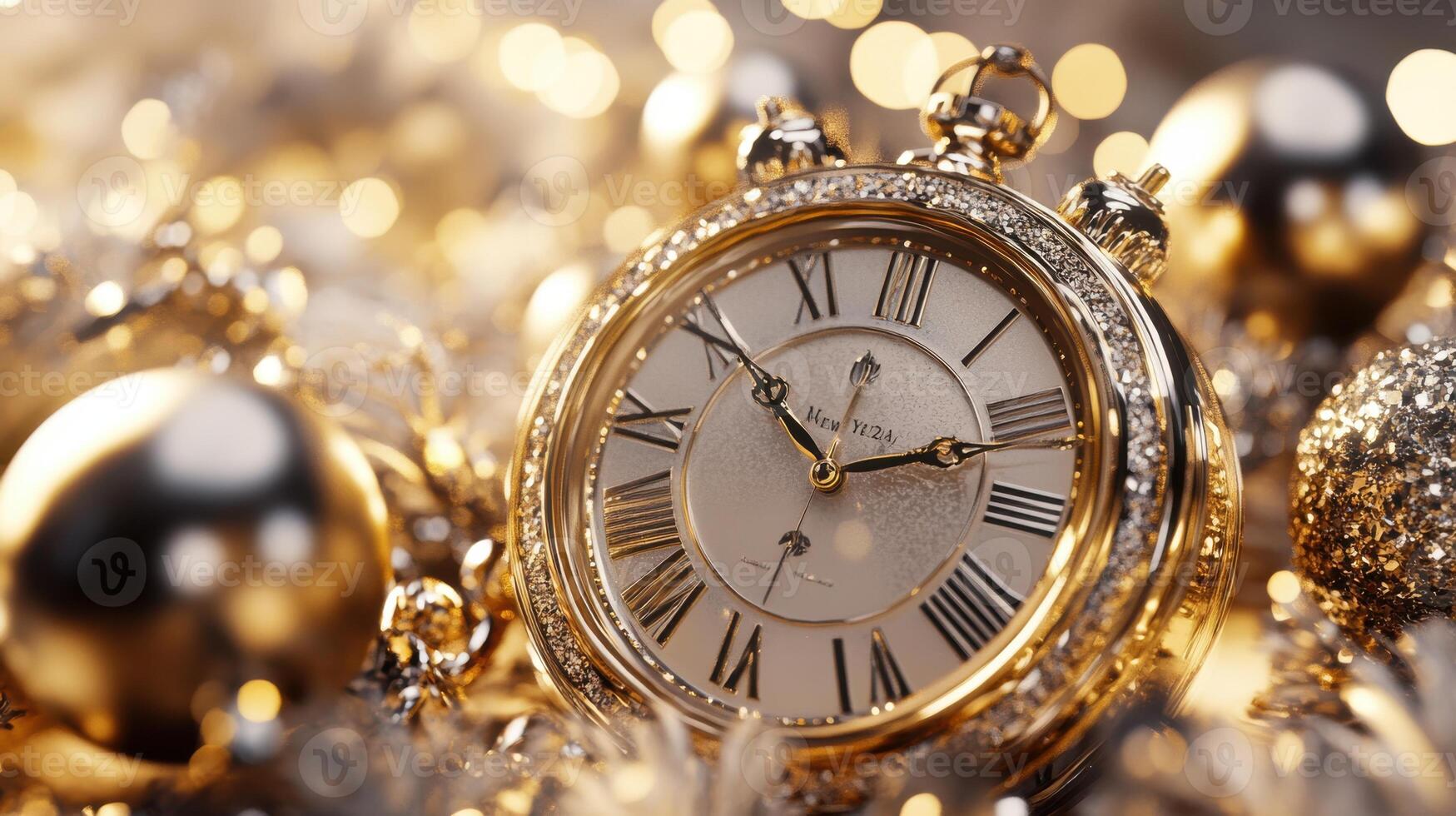 Elegant metallic clock with glowing lights, grand festive ambiance. Christmas, New Year's Eve photo