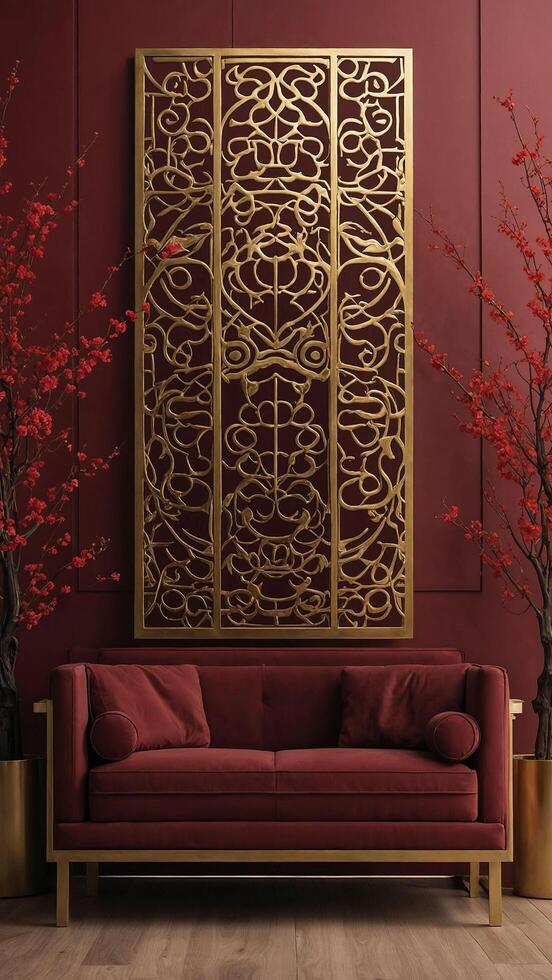 Luxurious red and gold interior with cherry blossoms and ornate gold screen, blending traditional and modern aesthetics. photo