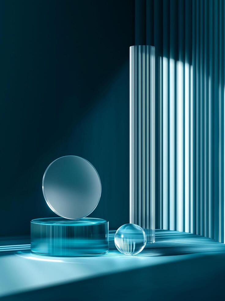 Minimalist abstract composition with floating glass shapes and a blue gradient background, evoking elegance and modernity. photo