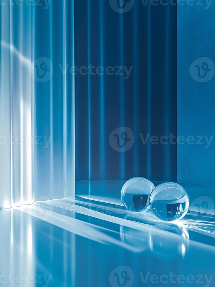 Abstract minimalist design with glass spheres on a glossy blue surface, emphasizing elegance, light, and symmetry. photo