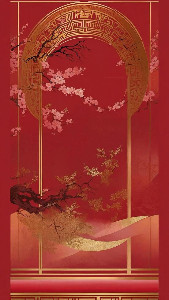 Elegant red and gold background with cherry blossoms and traditional Asian patterns, perfect for events or branding. photo