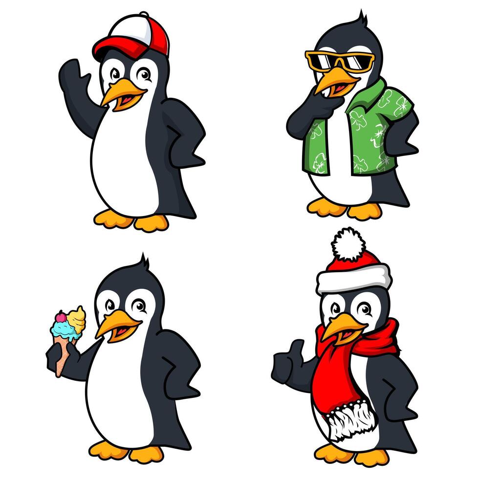 Cute penguin characters set. Adorable penguins eating ice cream cartoon illustration vector