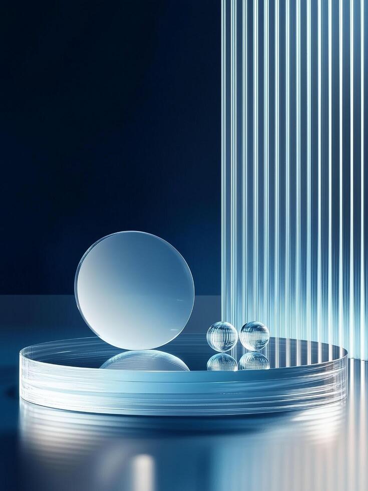 A blue minimalist abstract scene with a transparent disk, glass spheres, and glowing blue vertical lights, perfect for product display or as a background. photo