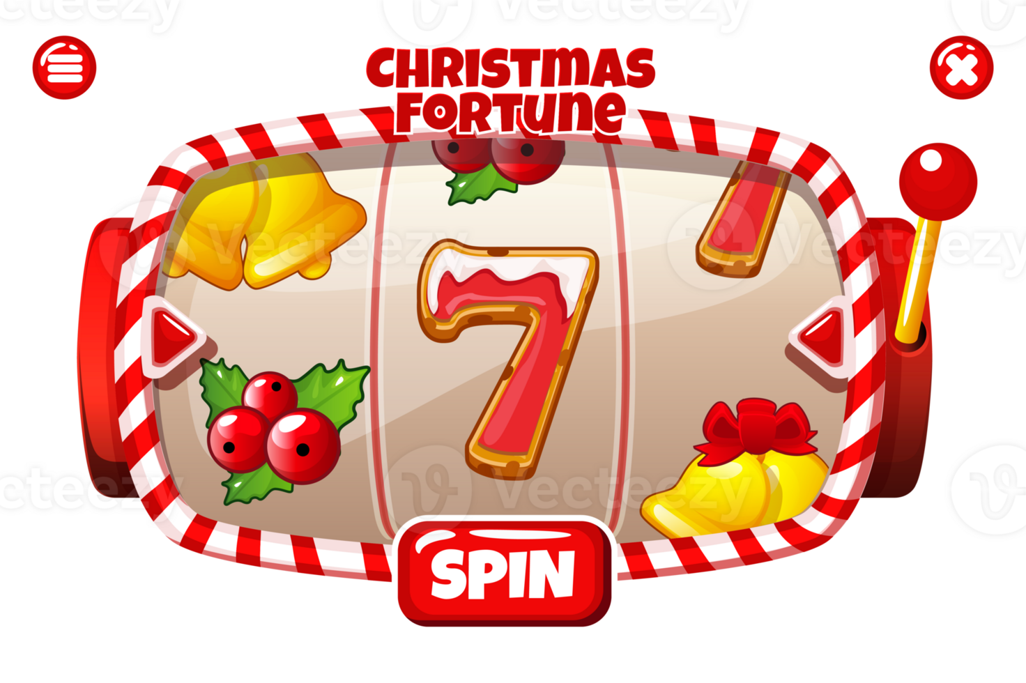 Christmas fortune, SLOT machine interface with Christmas icons. Banner with candy slot machine and Gingerbread 7, berry and golden bells slot symbols for your games. png