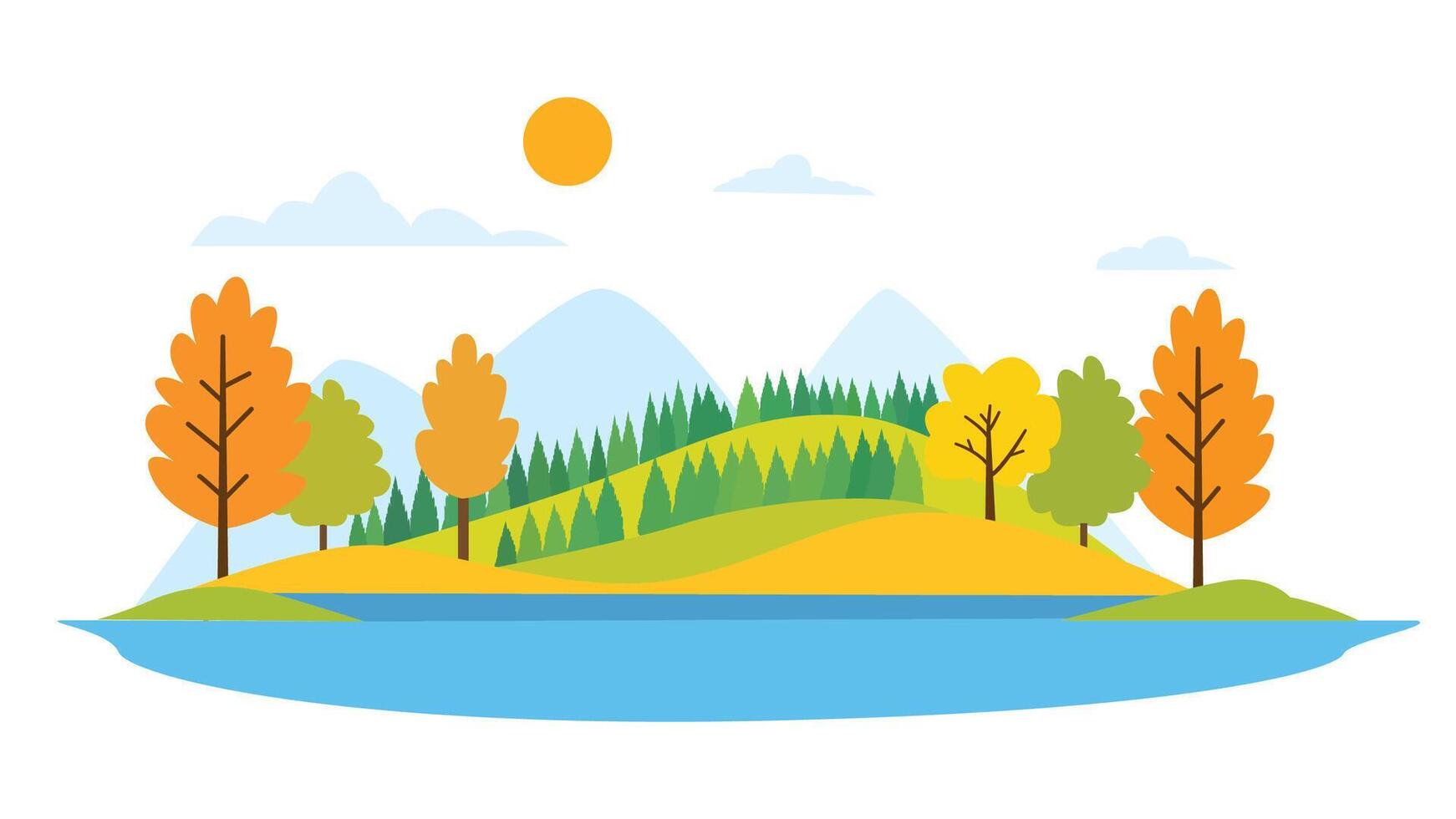 River Lake Nature Landscape with Hill Mountain and Sun in Bright Sky in Autumn vector