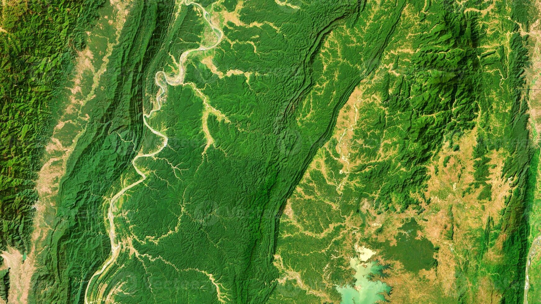 4K Thaphanzeik Reservoir in Myanmar Map, High Resolution Satellite View With No Border, Widescreen 4K Resolution photo
