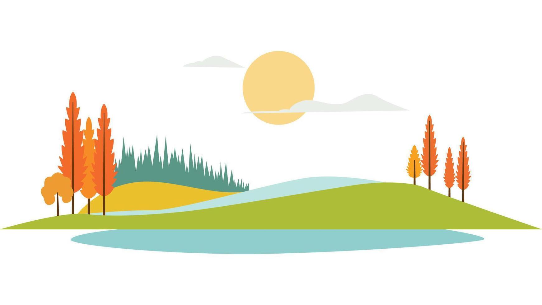 River Lake Nature Landscape with Hill Mountain and Sun in Sunny Day in Autumn Fall Season vector