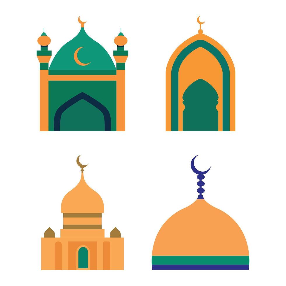 Islamic Symbol Elements Set of Mosque Dome Minaret Tower Building Worship in Ramadhan Theme vector