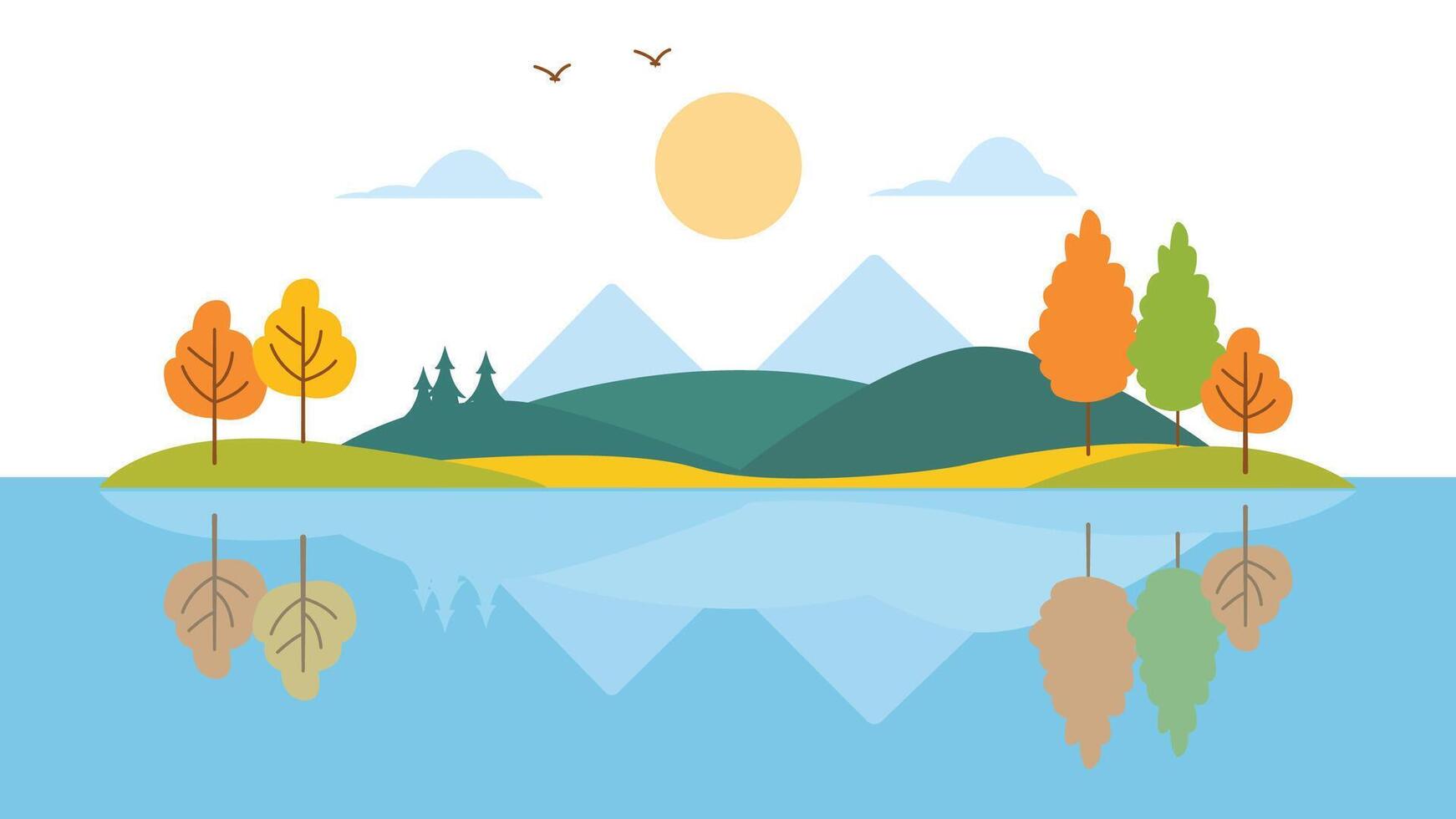 River Lake Nature Scenery with Hill Mountain and Sun in Bright Sky in Autumn Fall Season vector