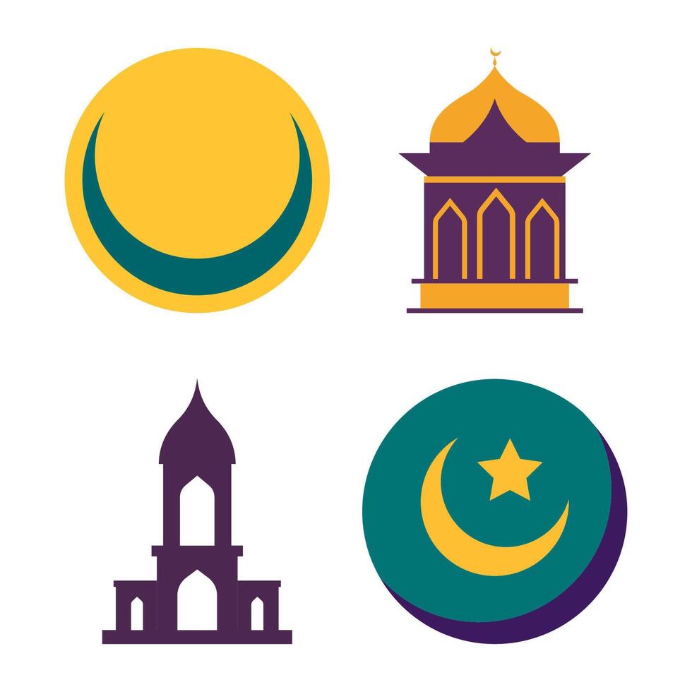 Islamic Symbol Elements Set of Mosque Dome Minaret Building Crescent Moon Star in Ramadan Theme vector