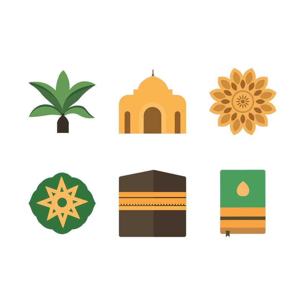 Islamic Symbol Elements Set of Mosque Kaaba Quran Ornament Plant Decoration in Arab Middle East vector