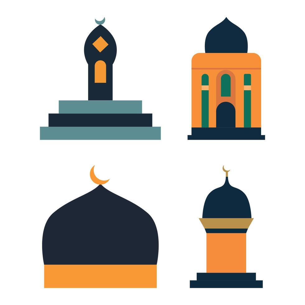 Islamic Symbol Elements Set of Mosque Dome Minaret Tower Building Worship in Ramadan Theme vector