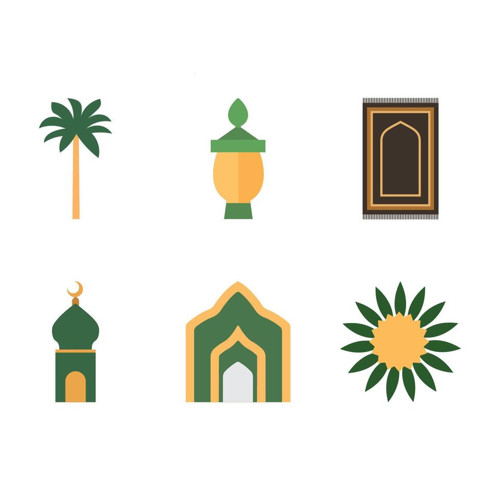 Islamic Symbol Elements Set of Minaret Mosque Prayer Mat Plant Decoration in Ramadan Theme vector