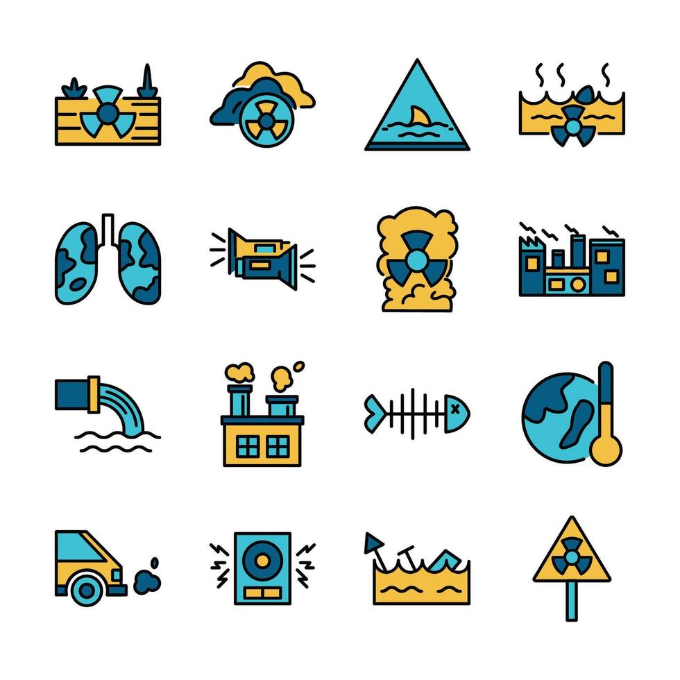 Filled Line Art Icon Set of Global Warming Factory Waste Pollution Nature World vector