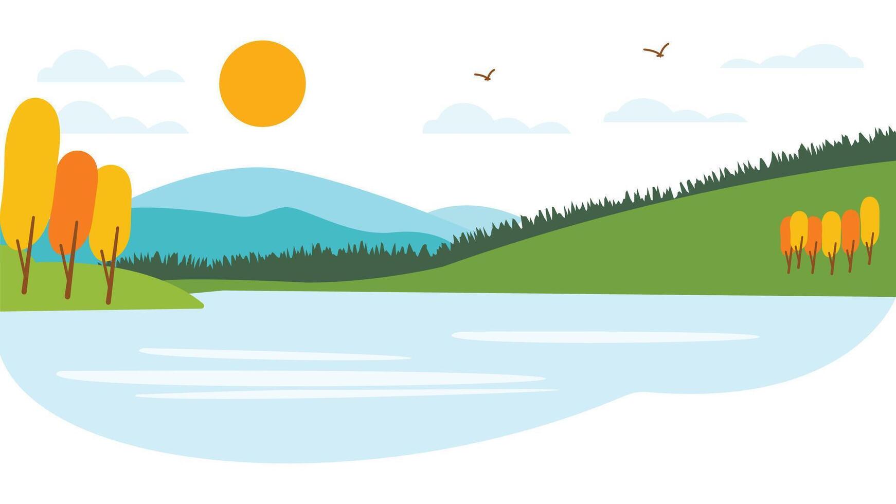 River Lake Nature Landscape Wallpaper with Hill Mountain and Sun in Bright Sky in Autumn Fall Season vector