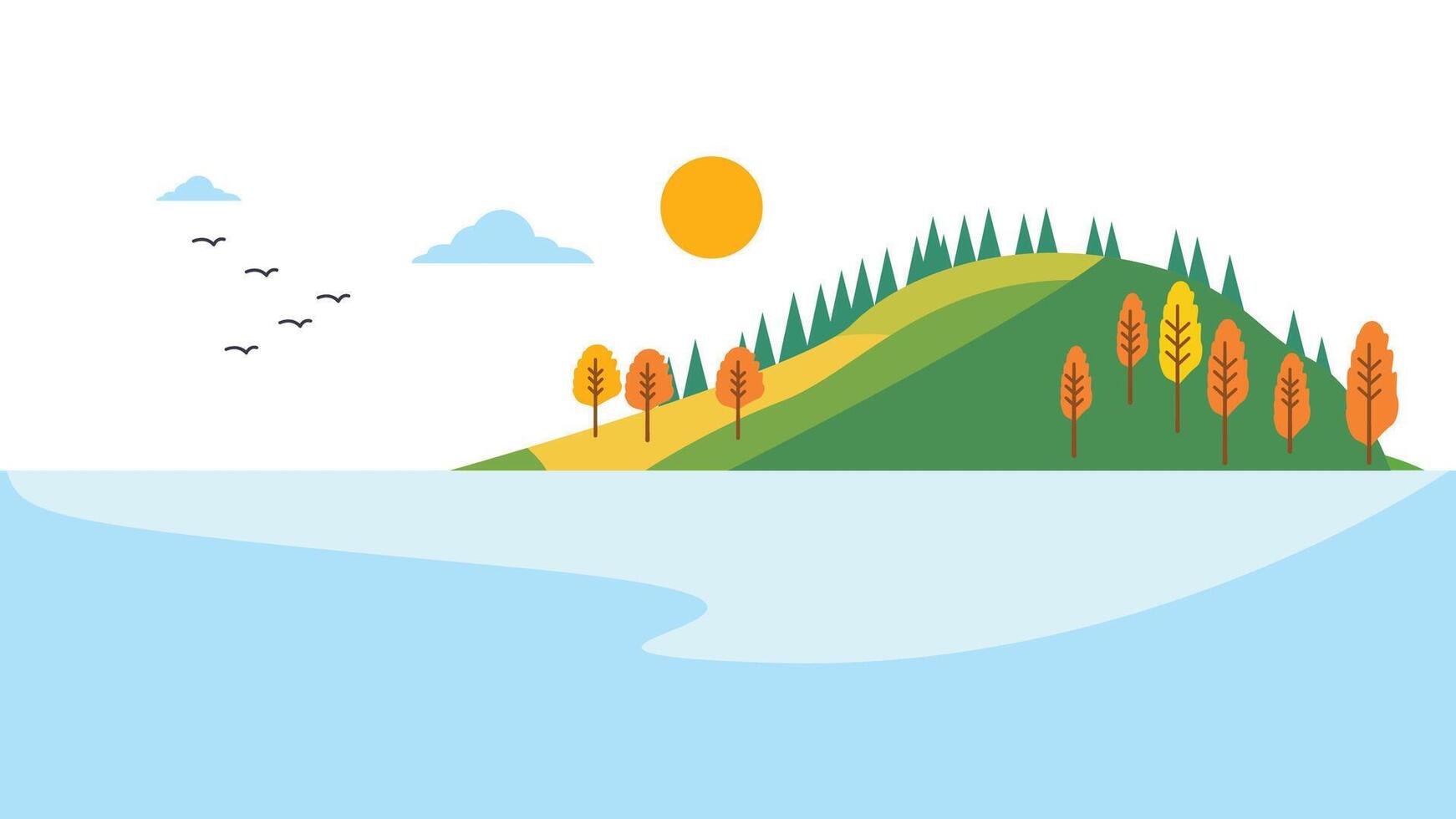 River Lake Nature Landscape with Hill Mountain and Sun in Bright Day in Autumn Fall Season vector