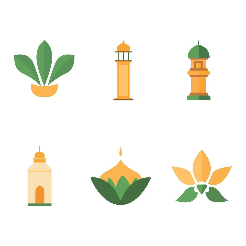 Islamic Symbol Elements Set of Golden Minaret Mosque Plant Decoration in Ramadan Theme vector
