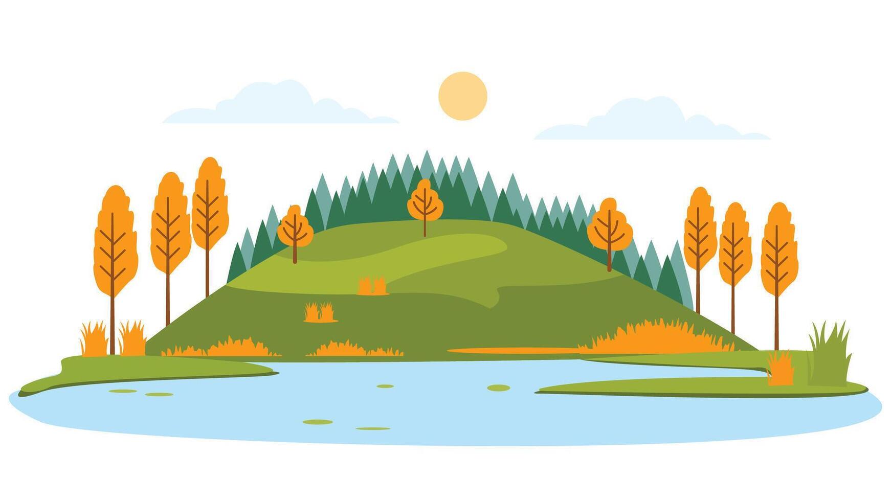 River Lake Nature Landscape with Hill Mountain in Bright Sky in Autumn Fall Season vector