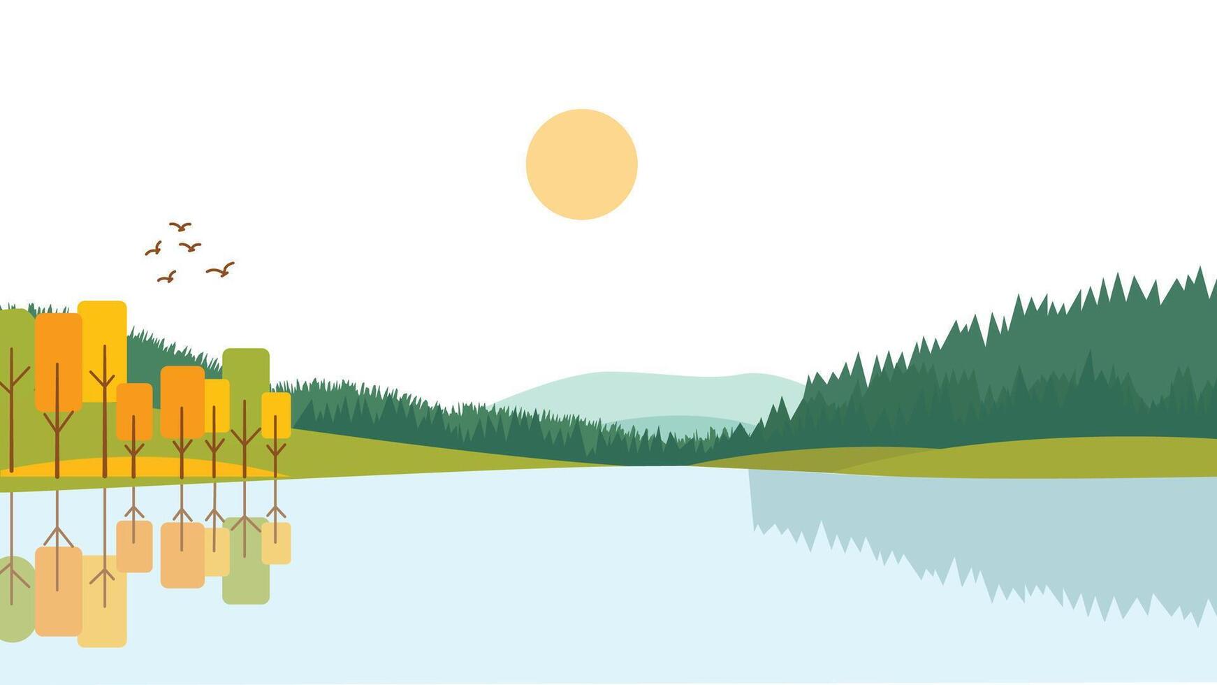 River Lake Nature Panorama with Hill Mountain and Sun in Bright Sky in Autumn Fall Season vector