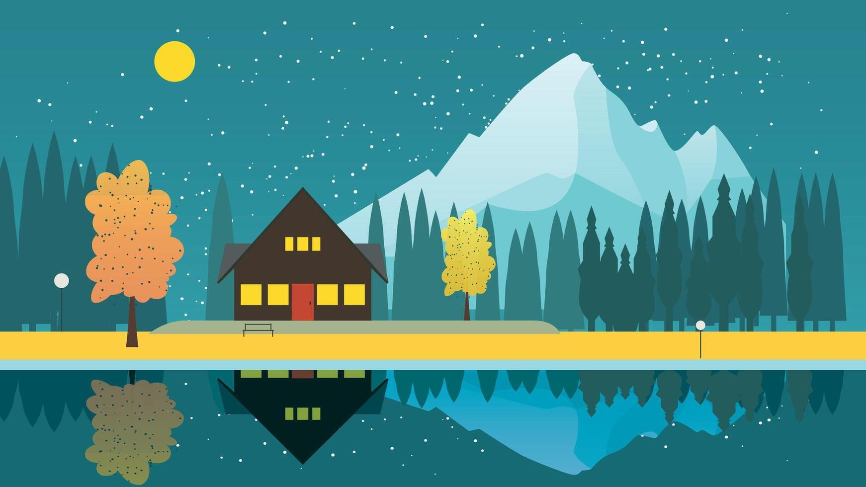 Mountain River Lake Landscape with House and Moon at Night Sky vector