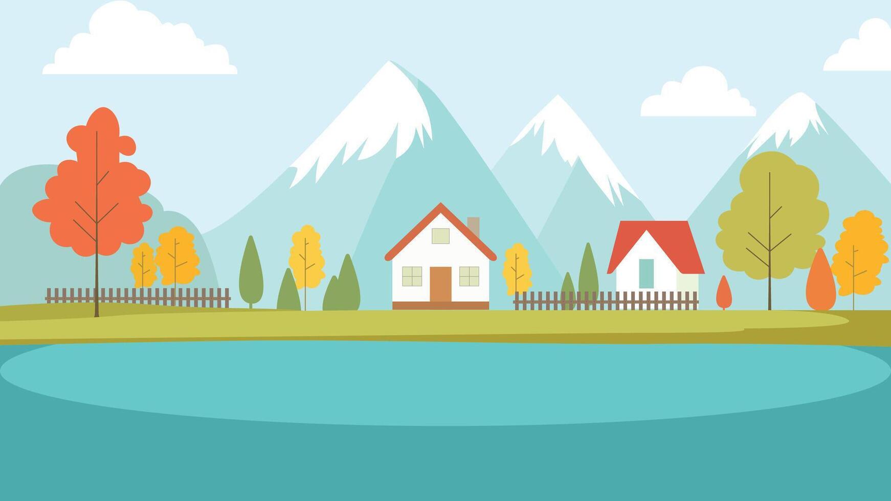 Mountain River Lake Nature Landscape with Home House in Bright Sky in Autumn Fall Season vector