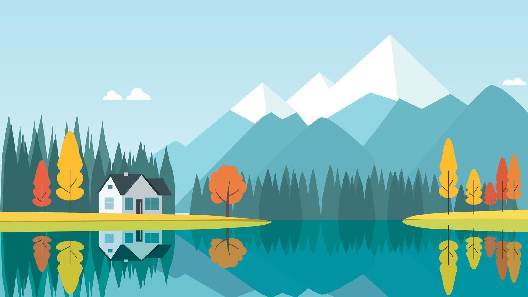 Mountain River Lake Panorama with Home House in Bright Sky in Autumn Fall Season vector