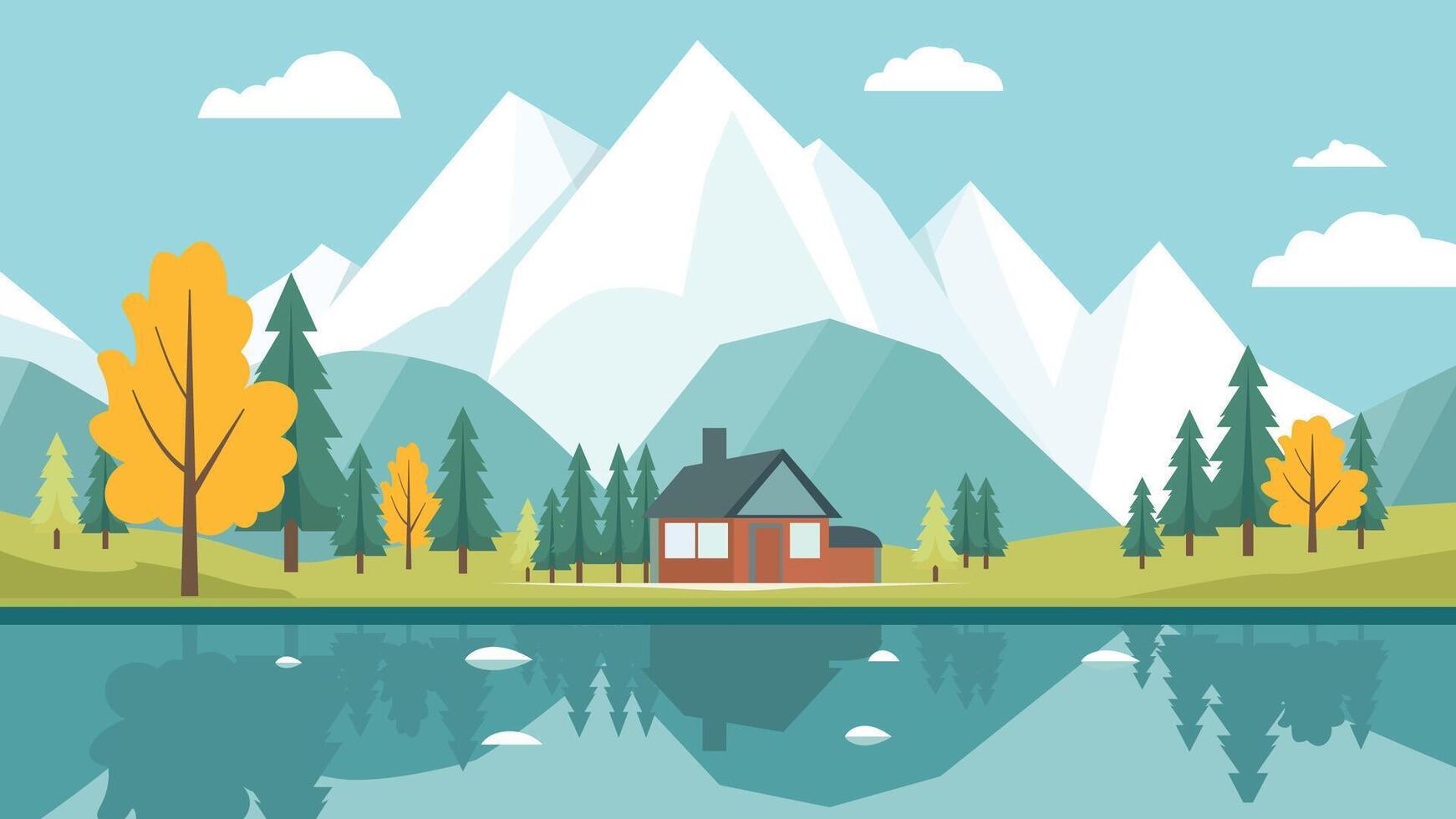 Mountain River Lake Scenery with Home House in Bright Sky in Autumn Fall Season vector