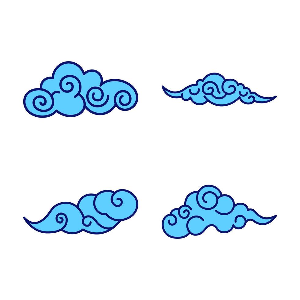 Set of Chinese Japanese Style Blue Cloud Nature Line Outline Decoration in the Sky vector