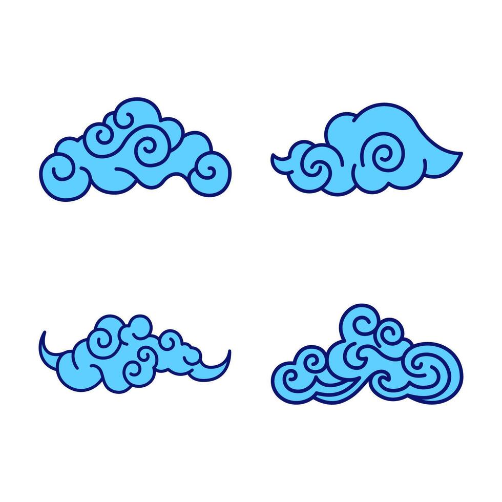 Set of Chinese Japanese Style Blue Cloud Wind Nature Line Outline Decoration in the Sky vector