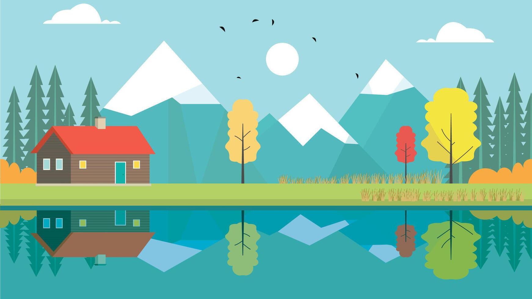 Mountain River Lake View with Home House in Bright Sky in Autumn Fall Season vector