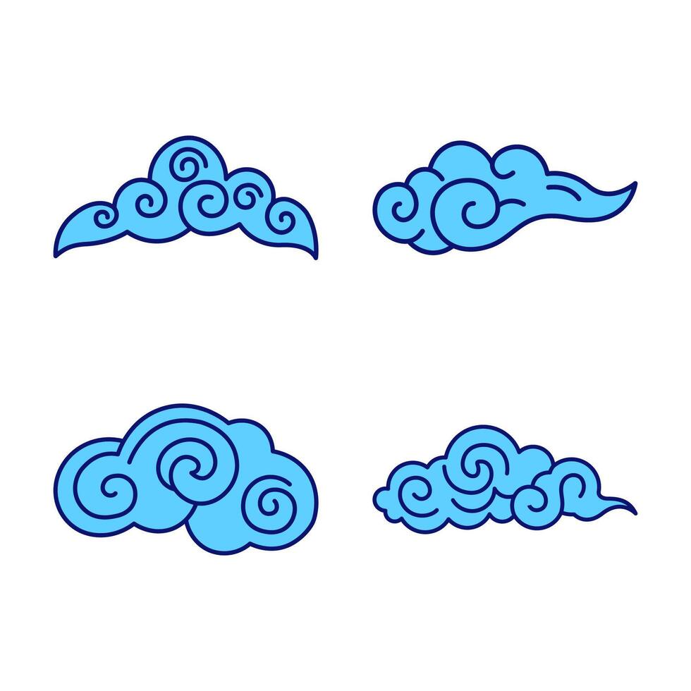 Set of Chinese Japanese Style Blue Cloud Smoke Nature Line Outline Decoration in the Sky vector