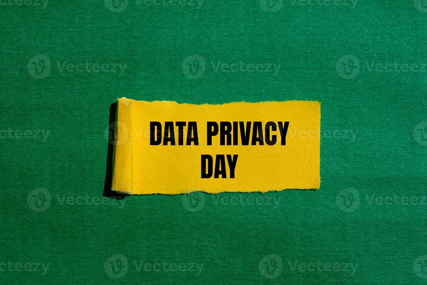 Data privacy day message written on ripped torn yellow paper piece with green background. Conceptual data privacy day symbol. Copy space. photo