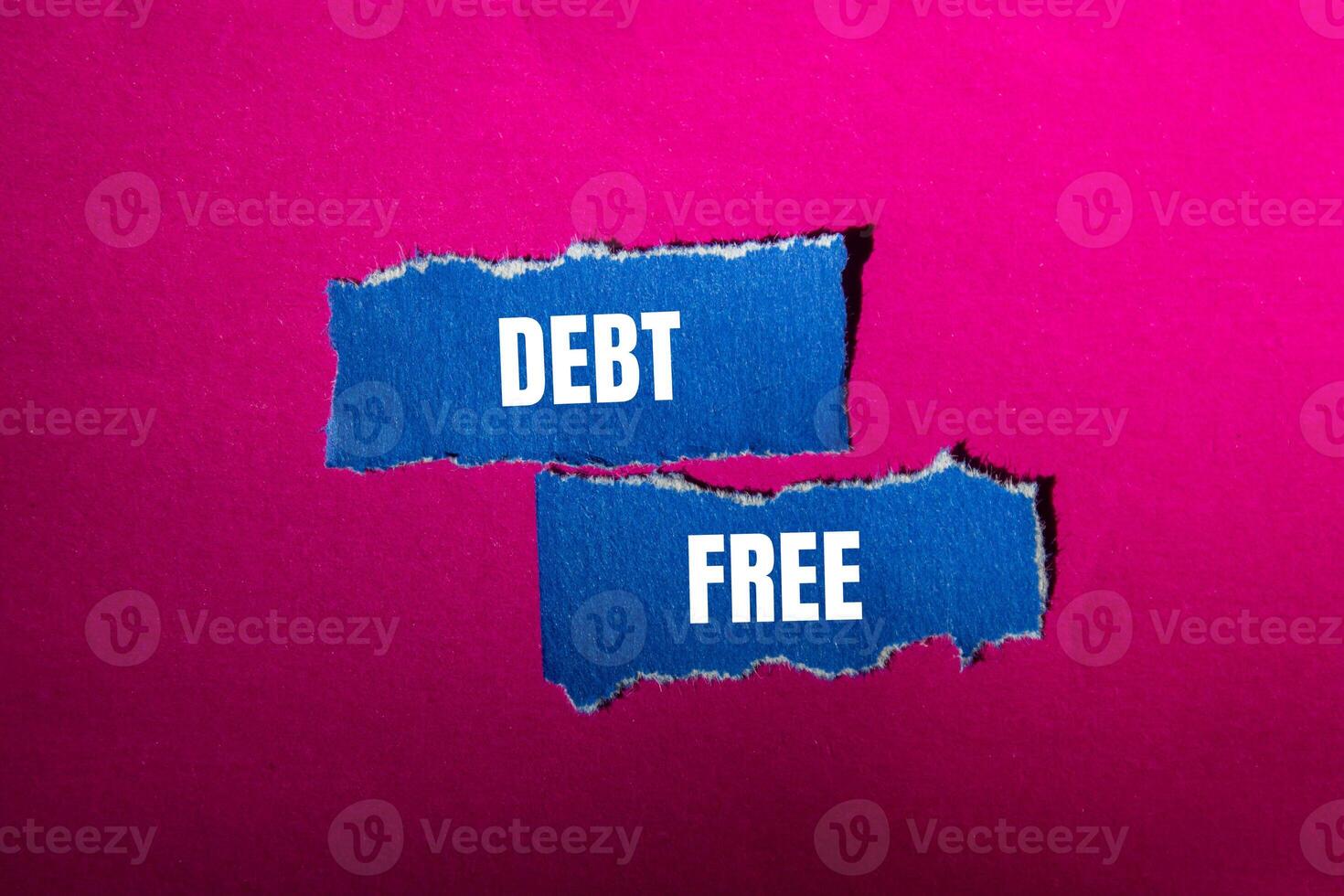 Debt free message written on ripped torn blue paper pieces with pink background. Conceptual debt free symbol. Copy space. photo