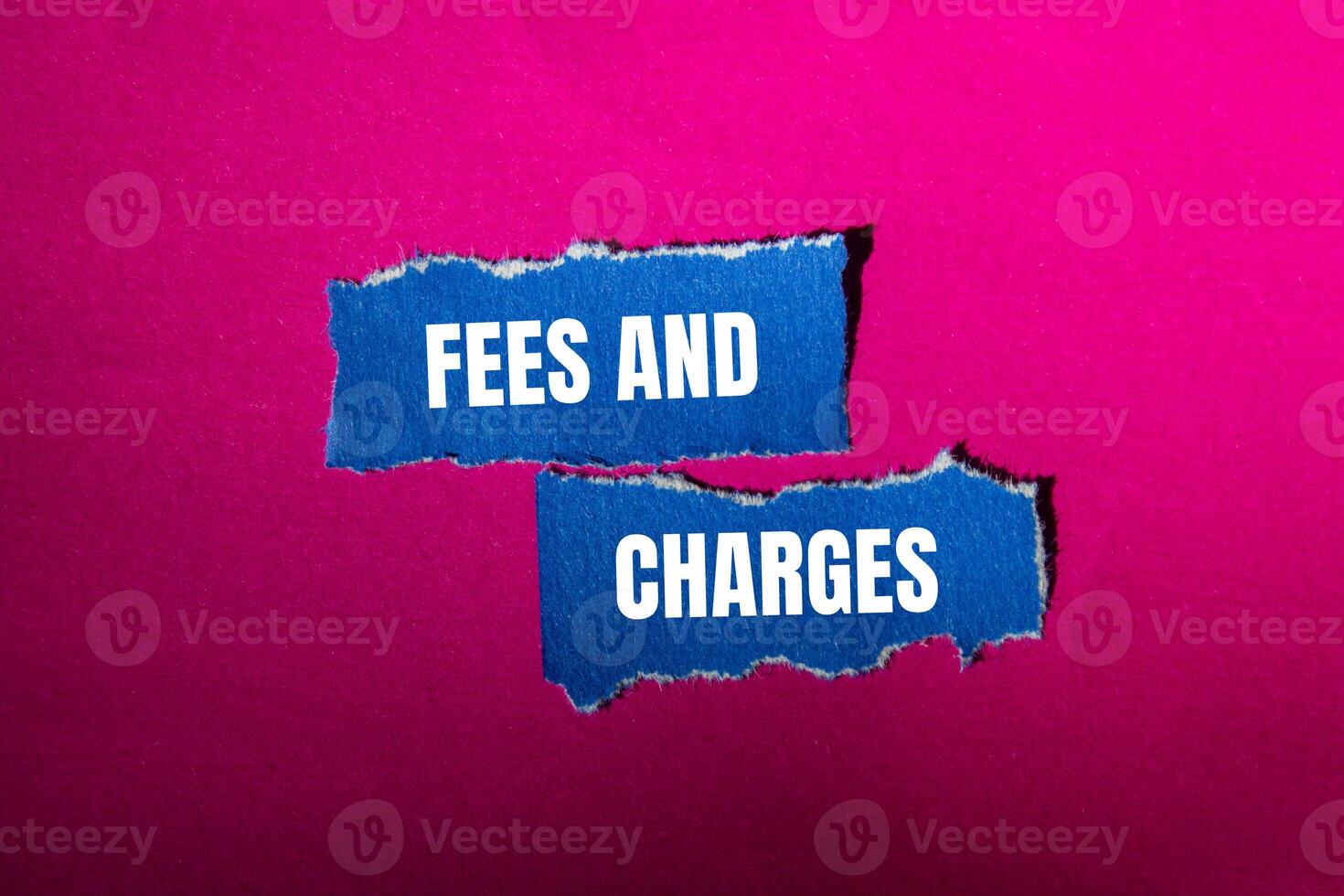 Fees and charges message written on ripped torn blue paper pieces with pink background. Conceptual fees and charges symbol. Copy space. photo