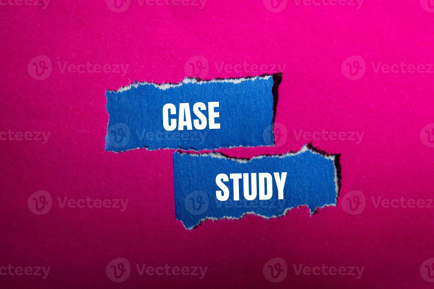Case study message written on ripped torn blue paper pieces with pink background. Conceptual case study symbol. Copy space. photo