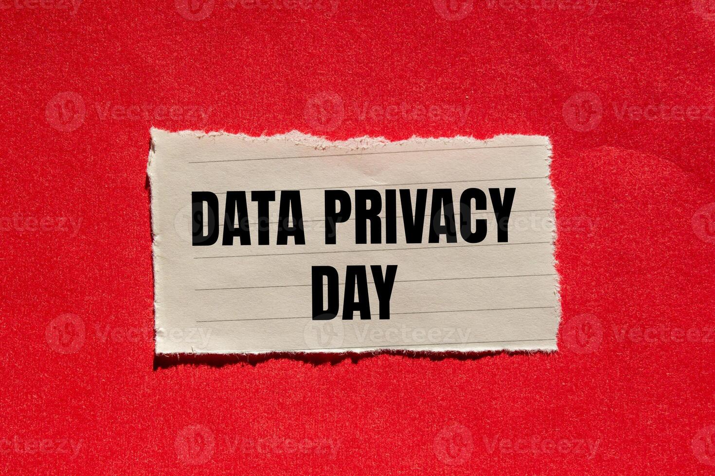 Data privacy day message written on ripped torn paper piece with red background. Conceptual data privacy day symbol. Copy space. photo