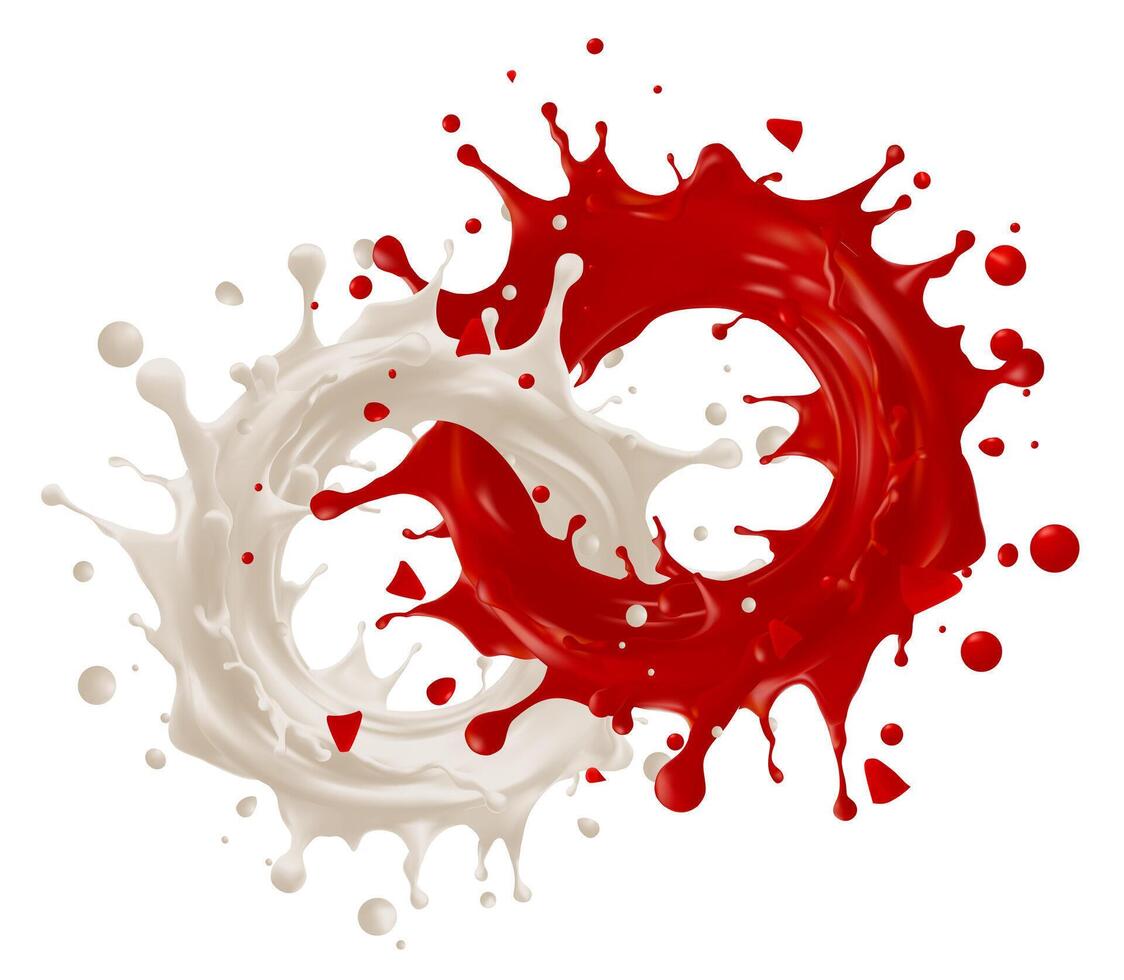 Horizontal splash of wine or red juice isolated on background. White and red liquids realistic vector