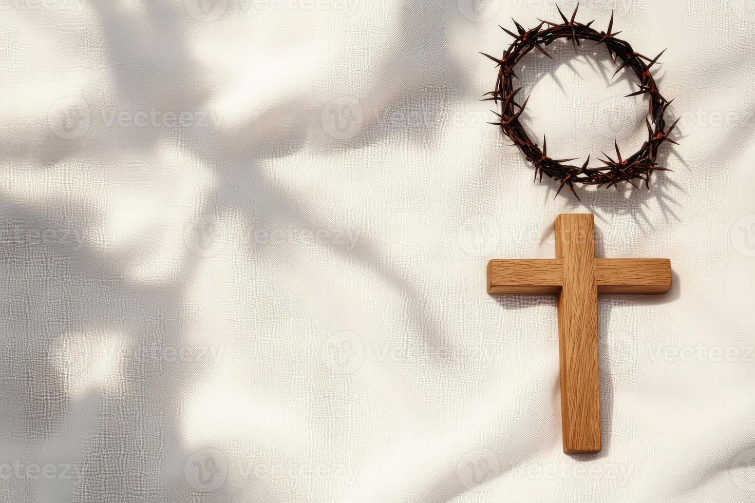 Holy Week Cross Crown of Thorns White Fabric Background photo