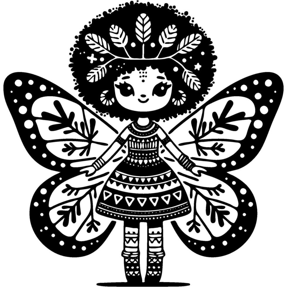 Friendly Forest Fairy with butterfly wings on her back in monochrome. Love and protection of nature. Simple minimalistic in black ink drawing on white background vector
