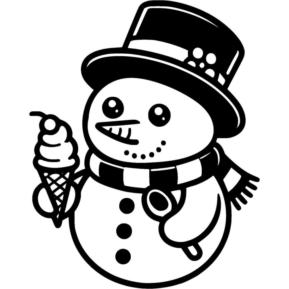 Snowman dressed in winter clothes eating ice cream cone in monochrome. Simple minimalistic in black ink drawing on white background vector