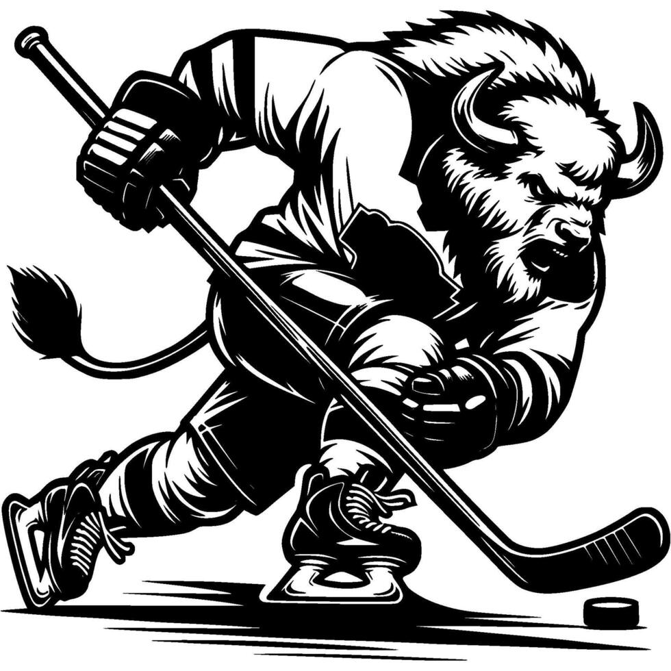 Huge buffalo bull rushes in hockey gear to attack an opponent in monochrome. Simple minimalistic in black ink drawing on white background vector