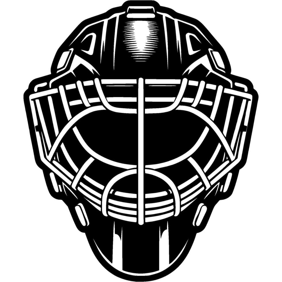 Hockey goalie protective helmet front view in monochrome. Simple minimalistic in black ink drawing on white background vector