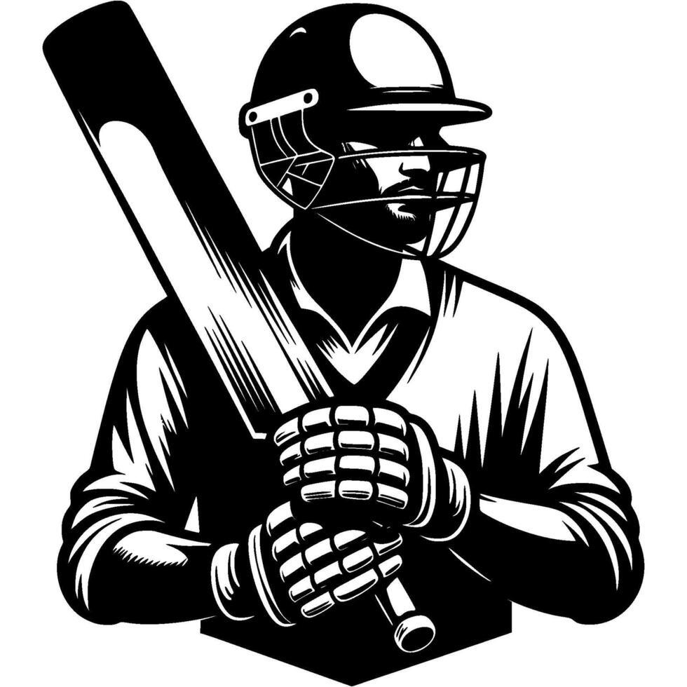 Cricket player wearing protective helmet holding wooden bat in monochrome. Simple minimalistic in black ink drawing on white background vector