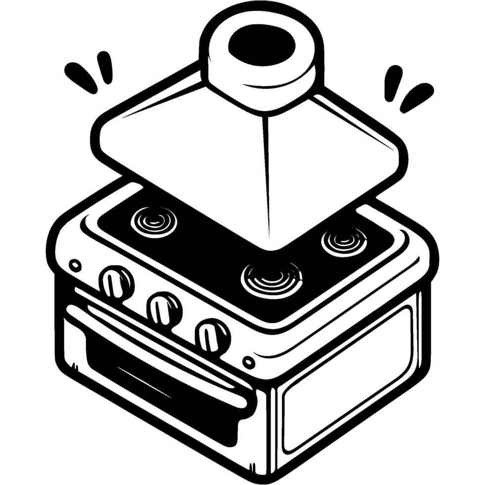 Kitchen hood working over a gas stove in monochrome. Simple minimalistic in black ink drawing on white background vector