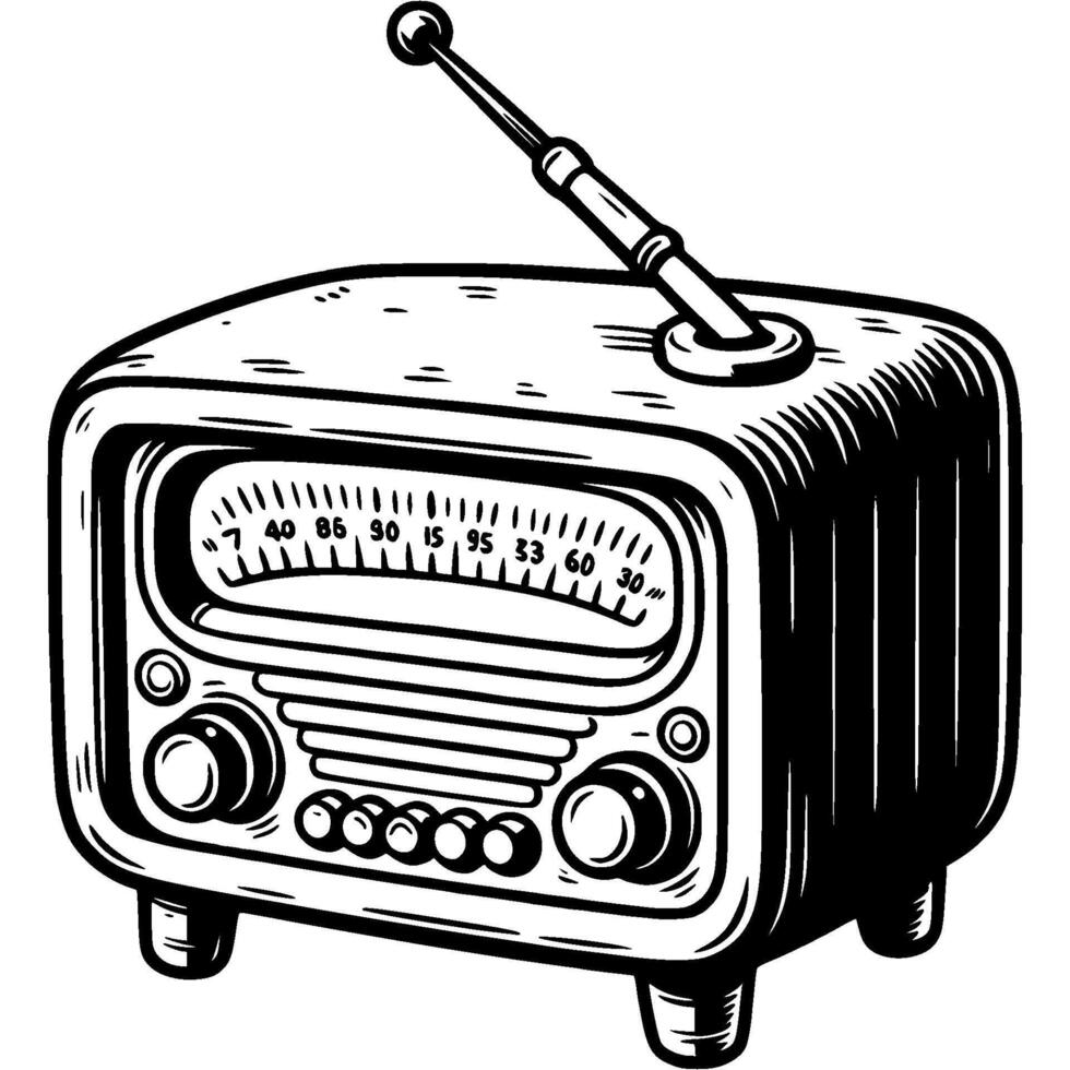 Tabletop portable radio with wave frequency regulators in monochrome. Simple minimalistic in black ink drawing on white background vector