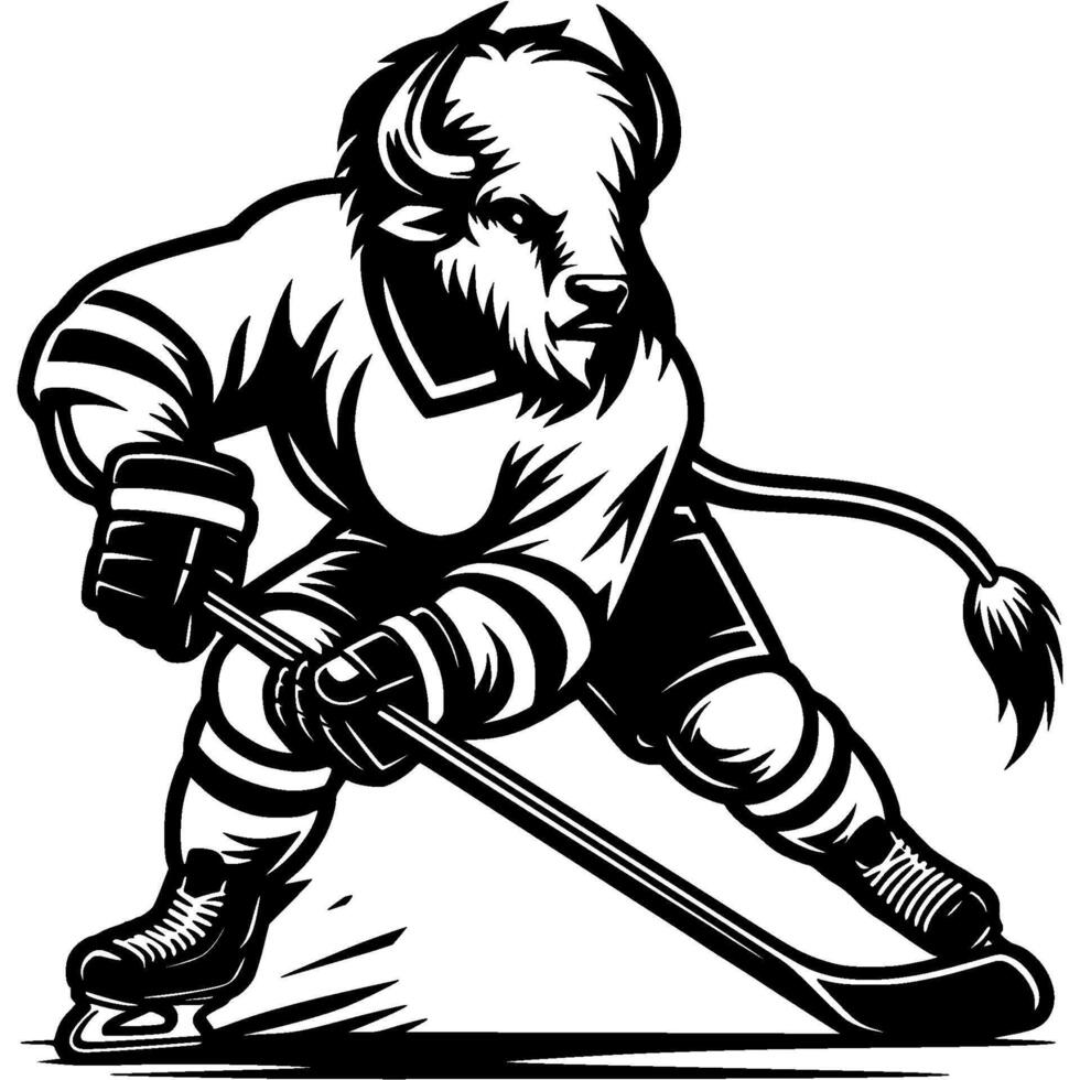 Buffalo bison hockey player in sports uniform receives pass from teammate in monochrome. Simple minimalistic in black ink drawing on white background vector