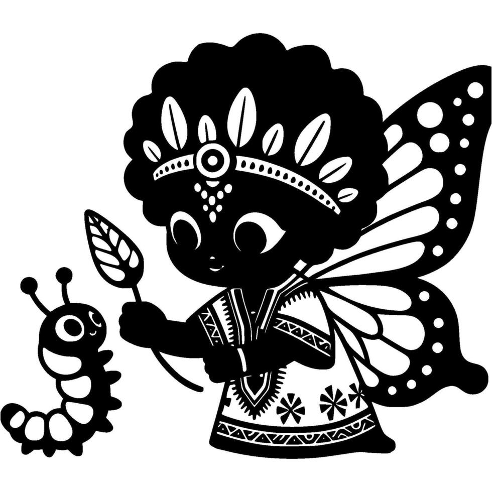 Fairy girl with butterfly wings in African clothes feeds caterpillar with leaf in monochrome. Love and protection of nature. Simple minimalistic in black ink drawing on white background vector