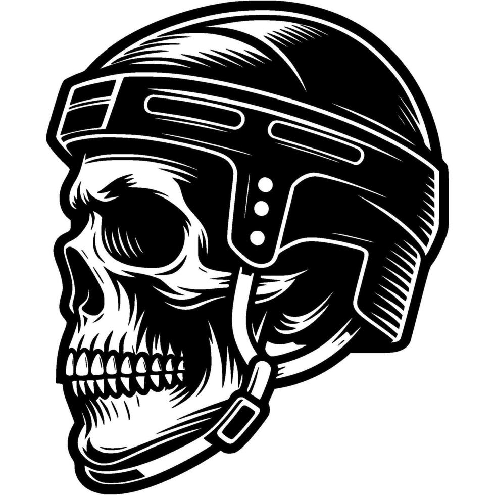 Human skull wearing protective hockey helmet side view in monochrome. Simple minimalistic in black ink drawing on white background vector